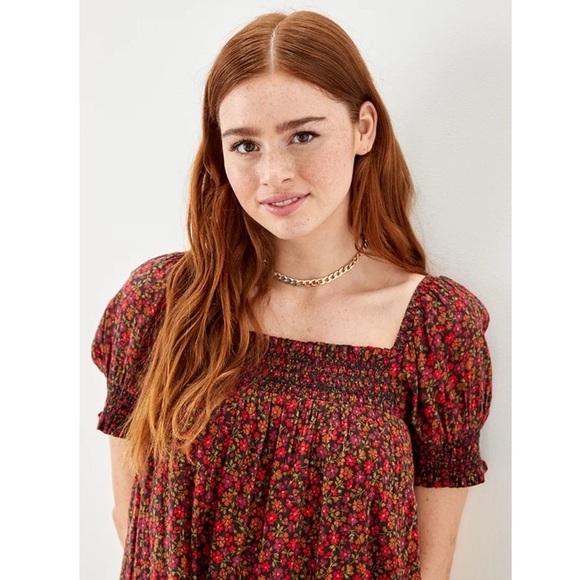 AE American Eagle Floral Babydoll Dress Puff Sleeves Honeycomb Embroidery - Picture 13 of 15